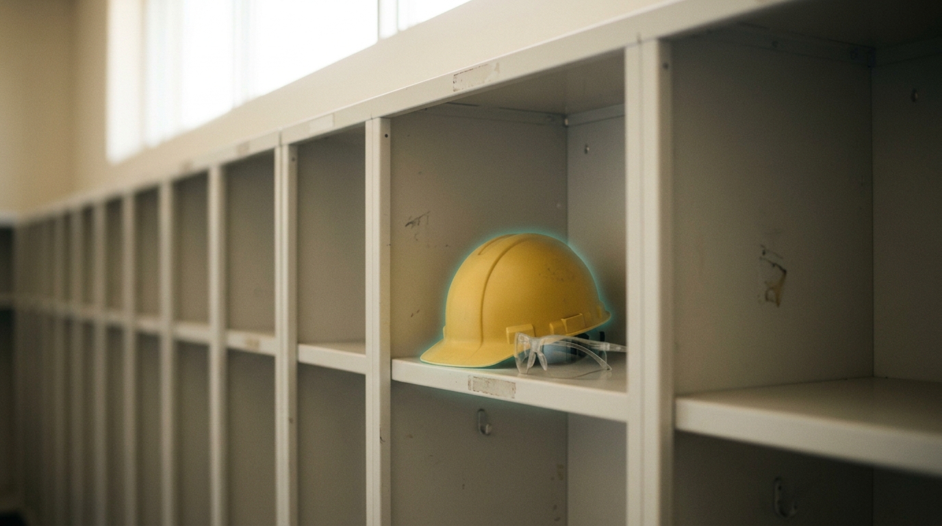 A single hard hat and a pair of safety glasses resting on one shelf of a long locker unit whose many other shelf hooks and cubbies sit bare