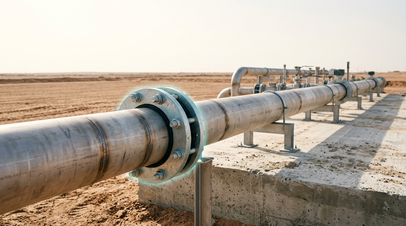 An exposed industrial pipe manifold at a water-reclamation plant under construction, meeting a section of still-curing pale concrete, desert daylight, no people or equipment operators visible