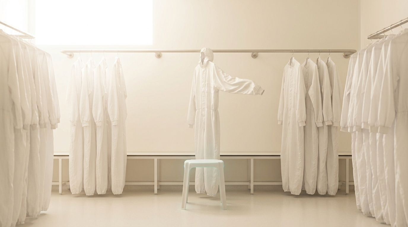 A cleanroom gowning bench with a full row of clean-suit hangers behind it and a single stool sitting empty in front of one unused hanger position