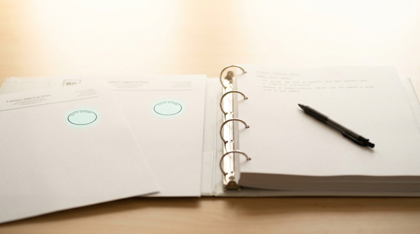 Two closed, stamped one-page capital-approval notices lying flat on a desk beside a thicker binder left open to a page that is still mostly blank