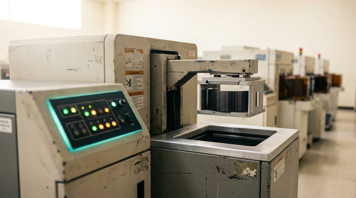 A worn 200mm wafer-cassette handler mid-cycle on an aged fab floor, indicator lights active, visible wear on its housing from years of continuous operation