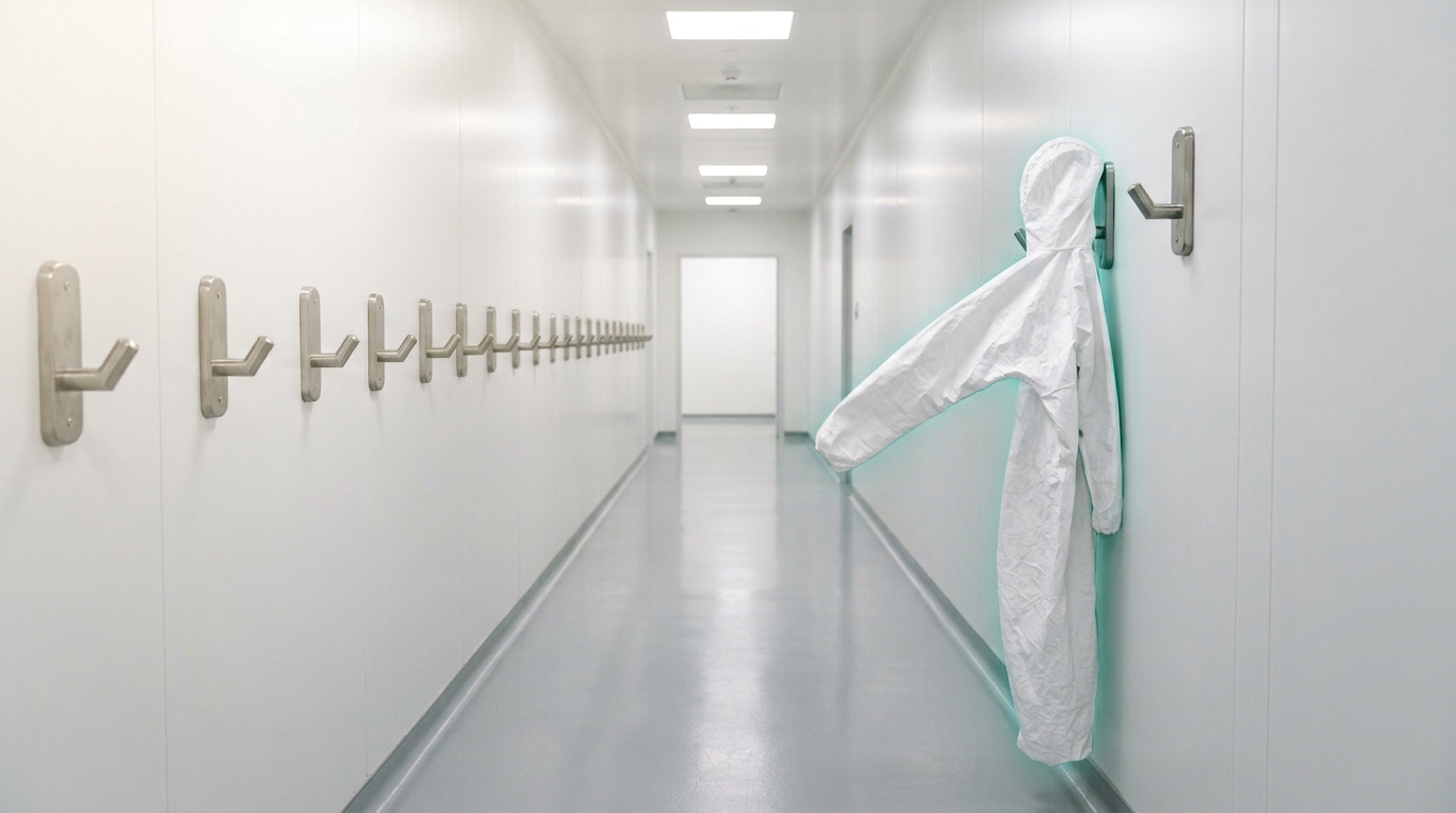 A row of gowning hooks in a freshly built cleanroom corridor, nearly all empty, a single bunny suit hanging near the end of the row