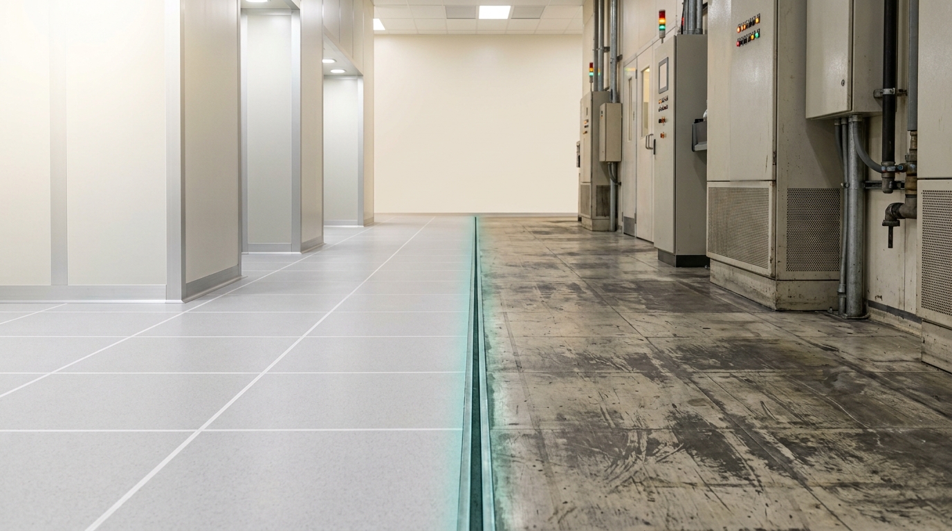 A single continuous shot down a cleanroom floor seam: unscuffed light-grey tile and fresh corridor walls on one side, an older, visibly worn 200mm fab floor with running equipment on the other, both lit identically
