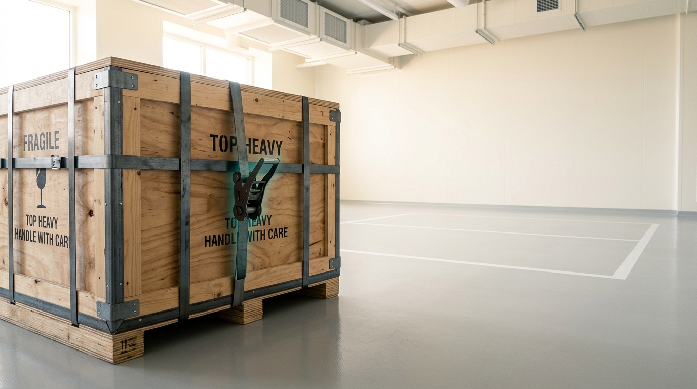 A sealed lithography tool crate on a loading dock beside an empty tool-bay footprint marked on the cleanroom floor, no tool installed
