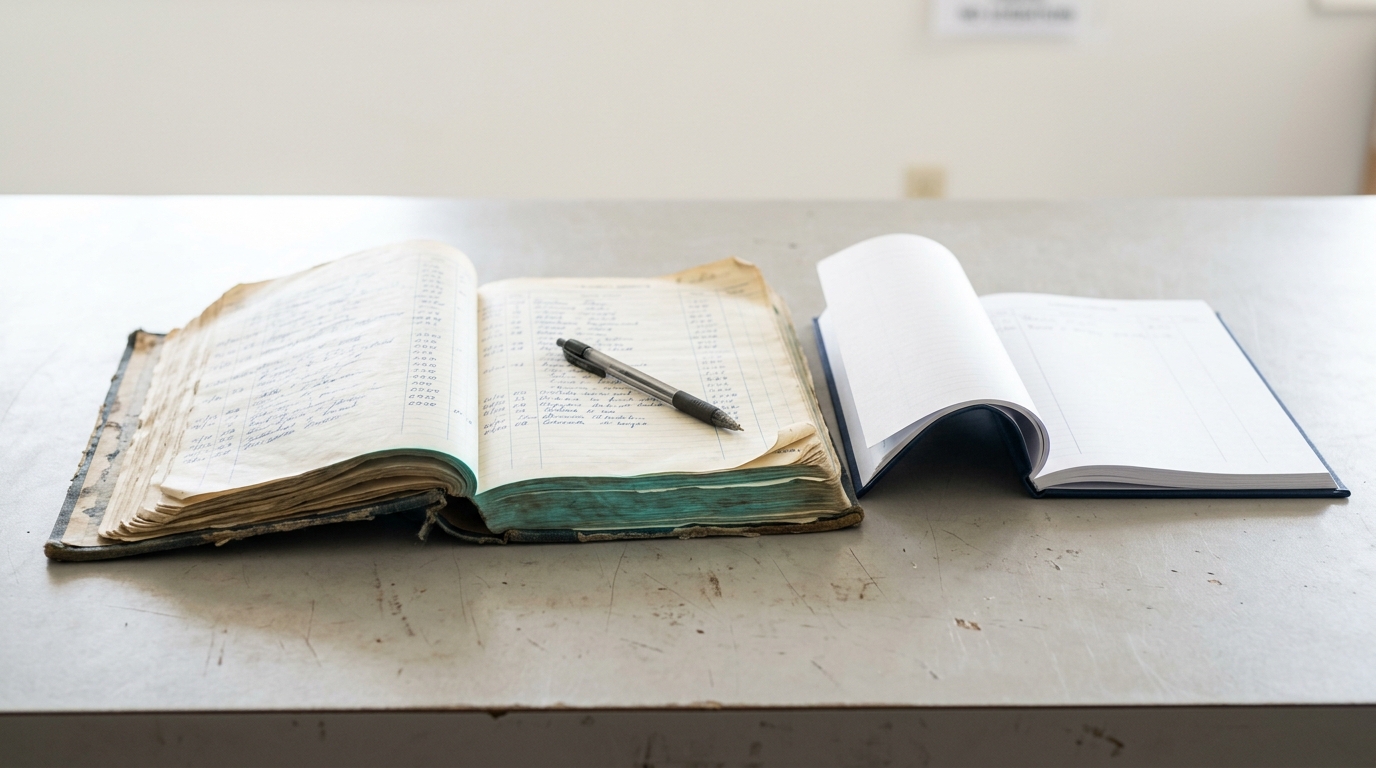 Two logbooks side by side on a shipping-dock counter, one thick and visibly worn with a pen resting mid-page, the other thin with a barely creased cover