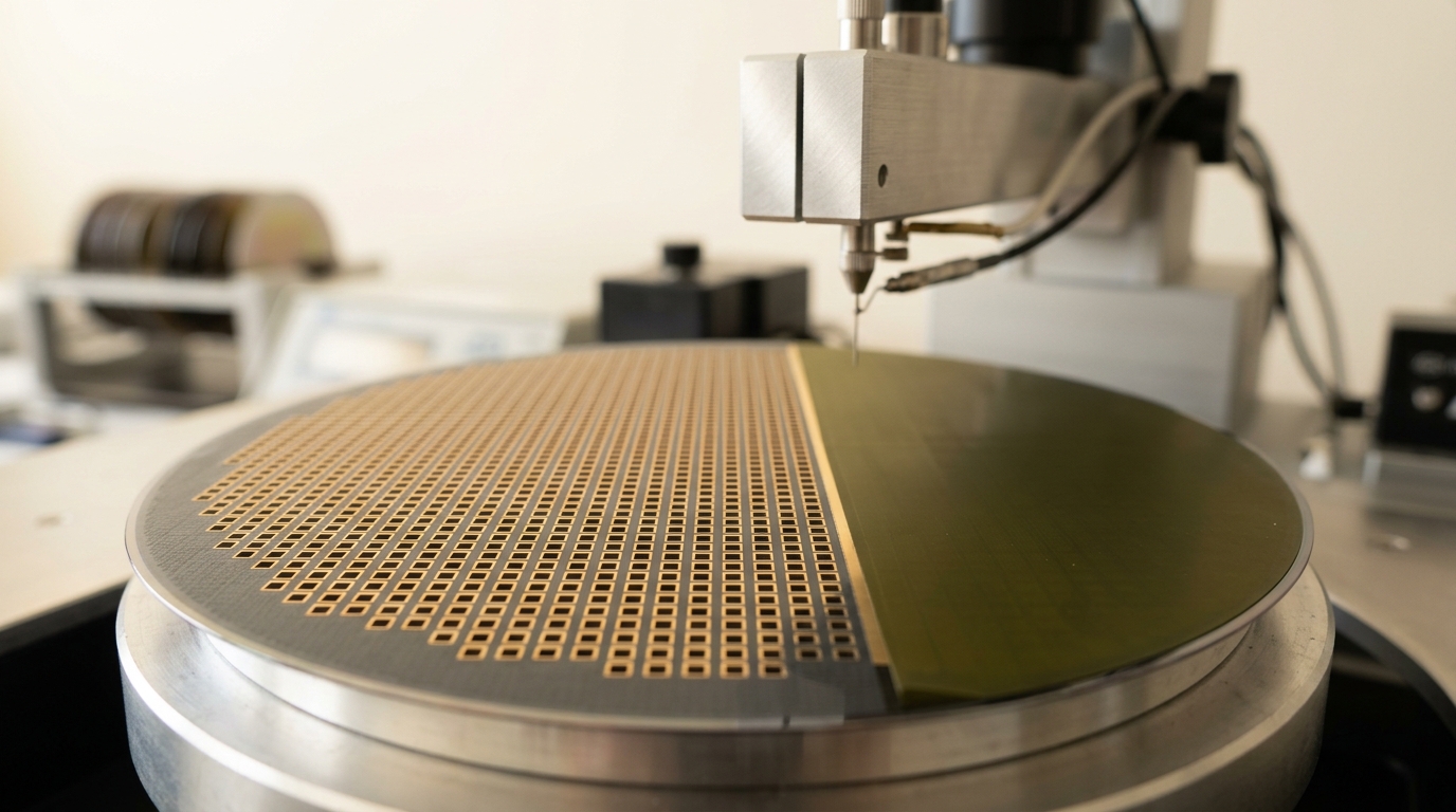A thinned wafer sample under a probe station, its backside etched to reveal a regular array of micro-via contacts, one corner of the array still masked and unetched