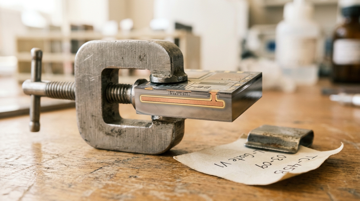 An older, visibly research-grade test coupon on a lab bench, a single buried metal rail exposed in cross-section beneath the transistor layer, a handwritten sample label turned mostly away from camera