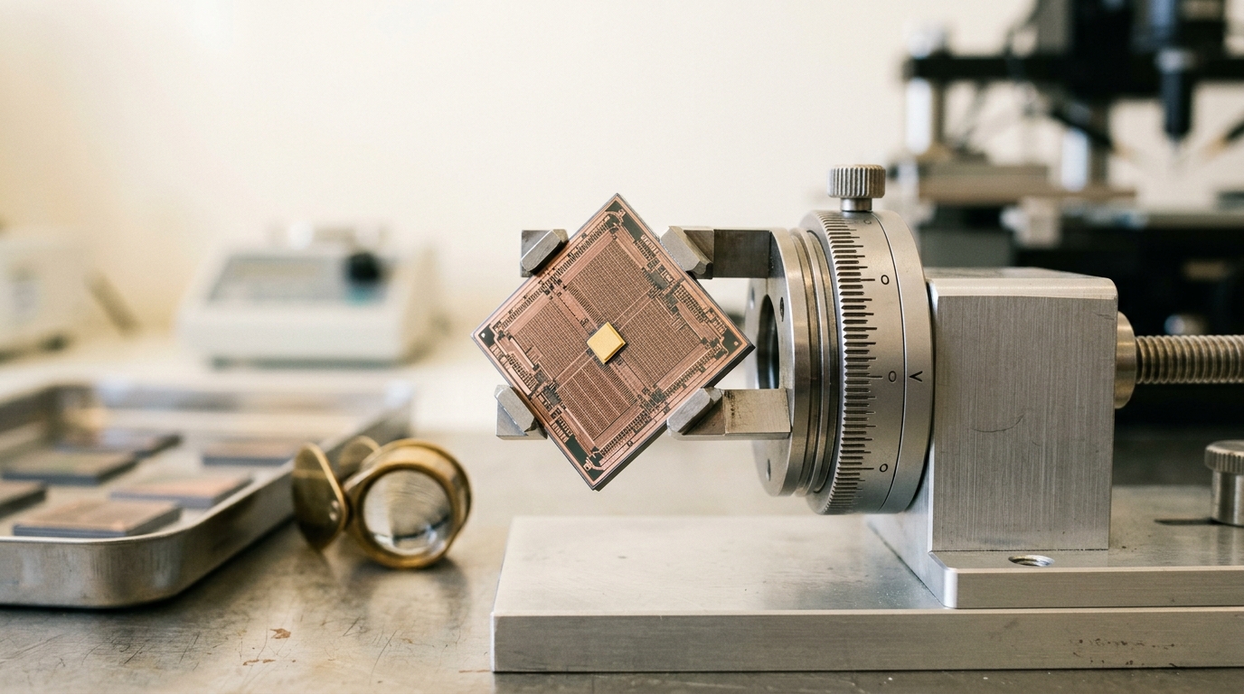 A single die held in a rotation jig caught mid-flip, its front routing face still tilted toward camera while its mirror-polished backside, showing a thin gold contact pad, is just starting to come into view