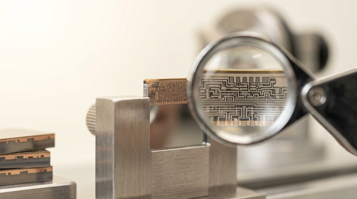 A polished cross-section sample of a chip's front-side interconnect stack under a jeweller's loupe, dense metal layers packed edge to edge with almost no bare substrate visible between them