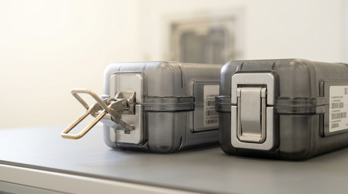 Two sealed wafer-lot carriers sitting side by side on a bench, one carrier's clamps fully latched, the other's nearest clamp still open and swung aside