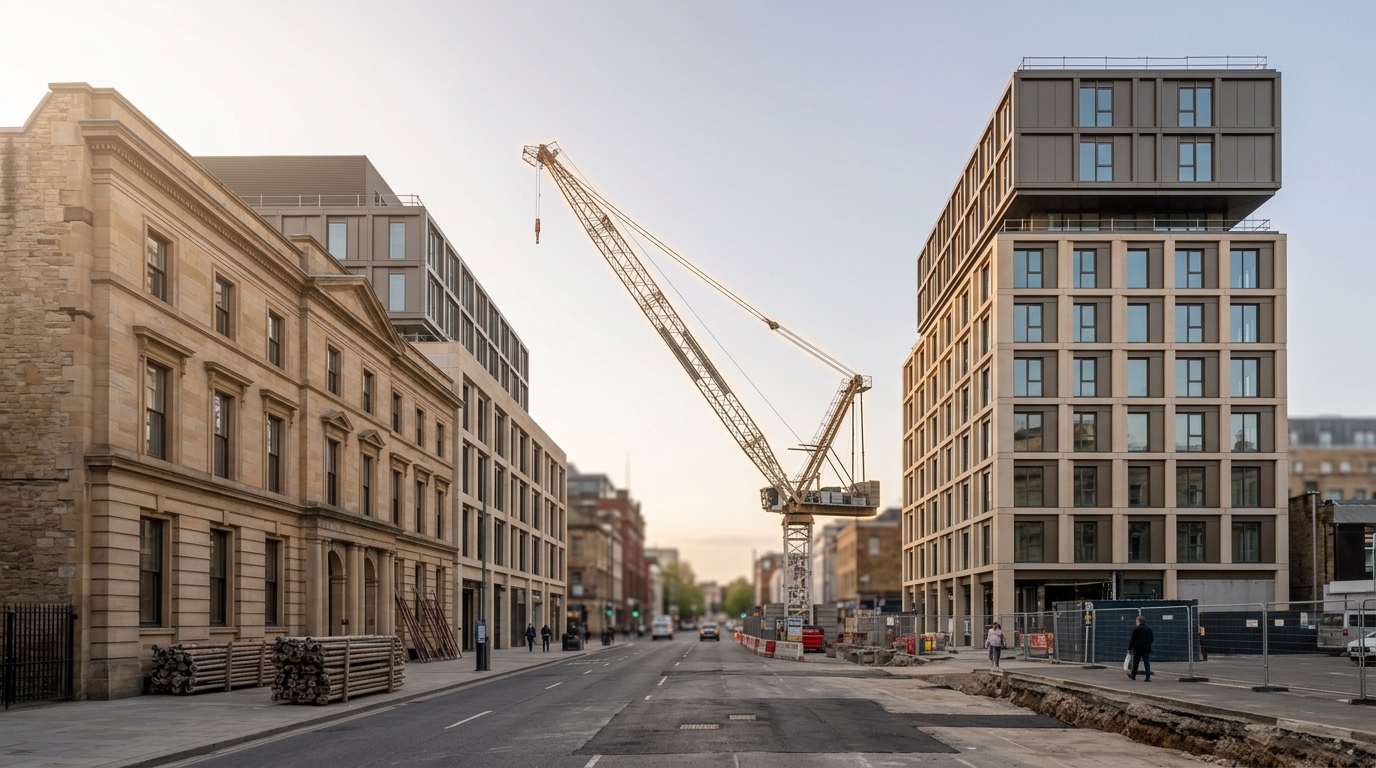 The same city block at the end of the working day, the retained old facade and the newly risen module tower standing together as the crane is stilled mid-swing and the light turns from working daylight toward evening
