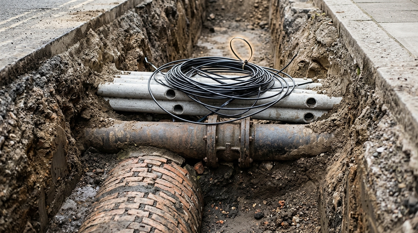 A shallow street trench cut open to show a fossil-like column of buried infrastructure — brick barrel sewer, cast-iron main, concrete conduit, and a coil of fibre cable laid loose on top, not yet clipped into place