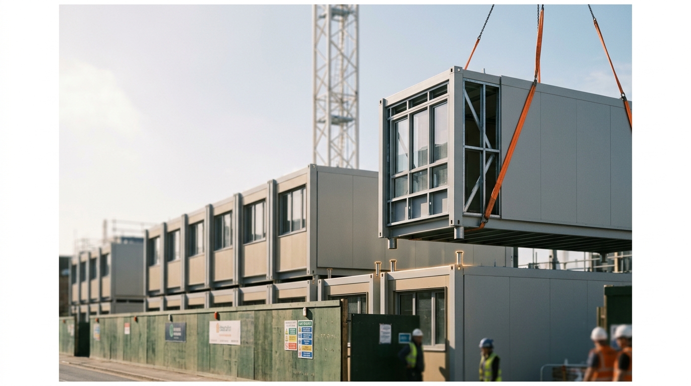 A prefabricated volumetric building module suspended from a tower crane above a row of identical modules already seated two storeys high, the guide pins on the lower row not yet engaged by the hanging module