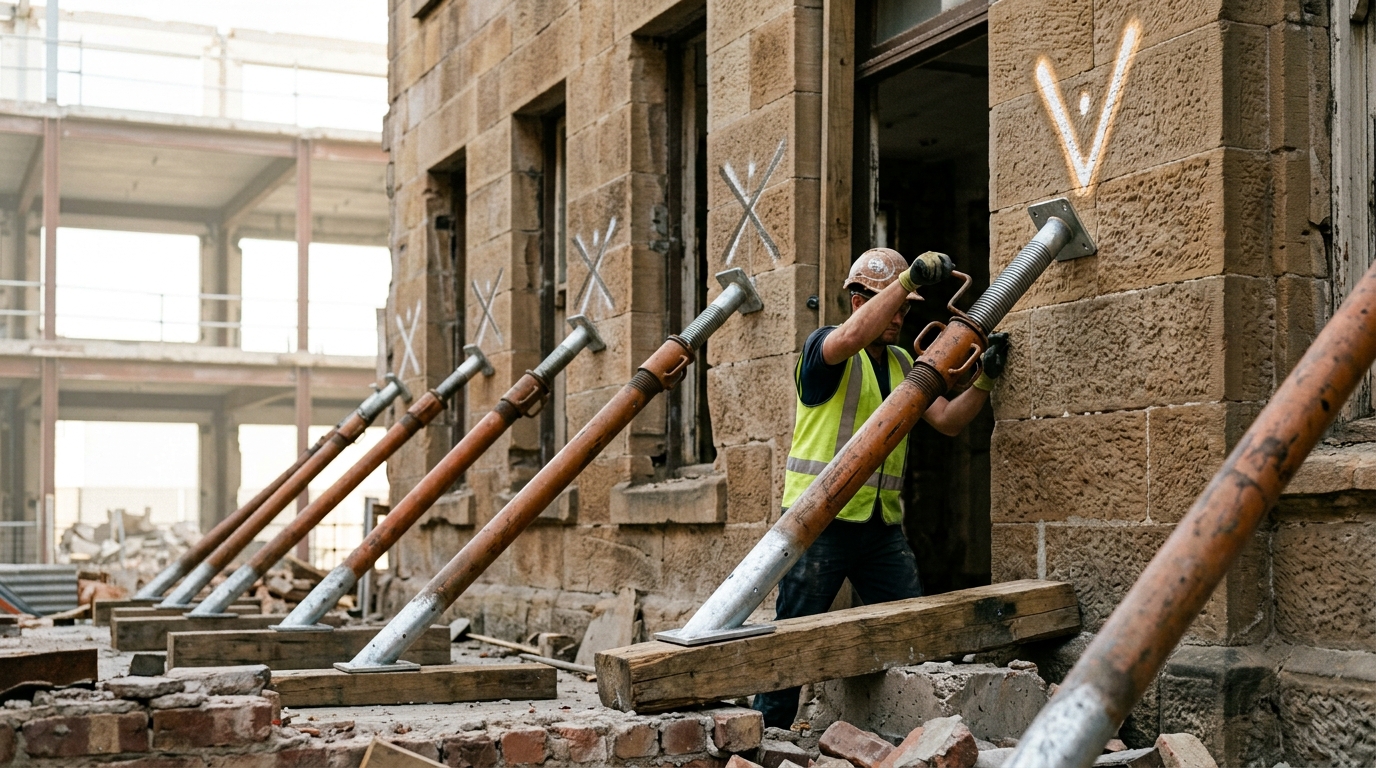A row of raked steel shoring props braced against a retained sandstone facade, one prop's levelling jack caught mid-crank with its screw thread still extended, beside a chalk survey mark not yet crossed out