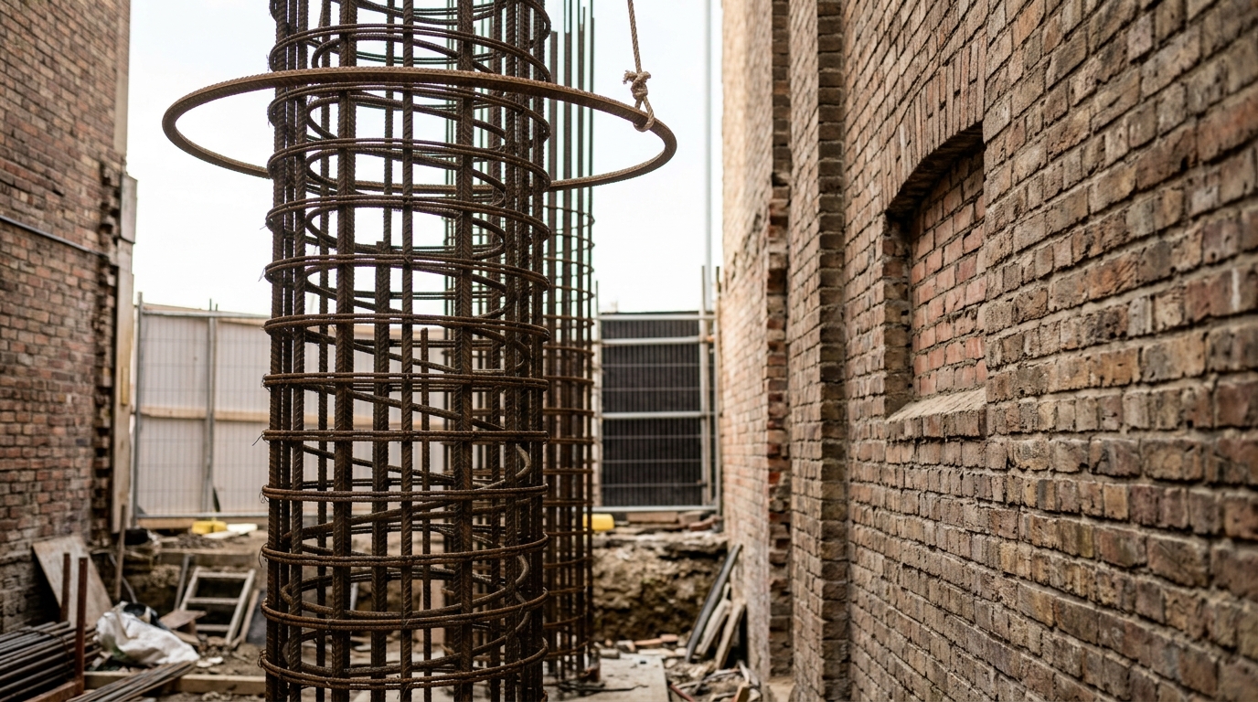 A new steel rebar cage for an infill building's foundation rising hard against the exposed brick flank of an older neighbouring building, the cage's top ring still being lowered into place