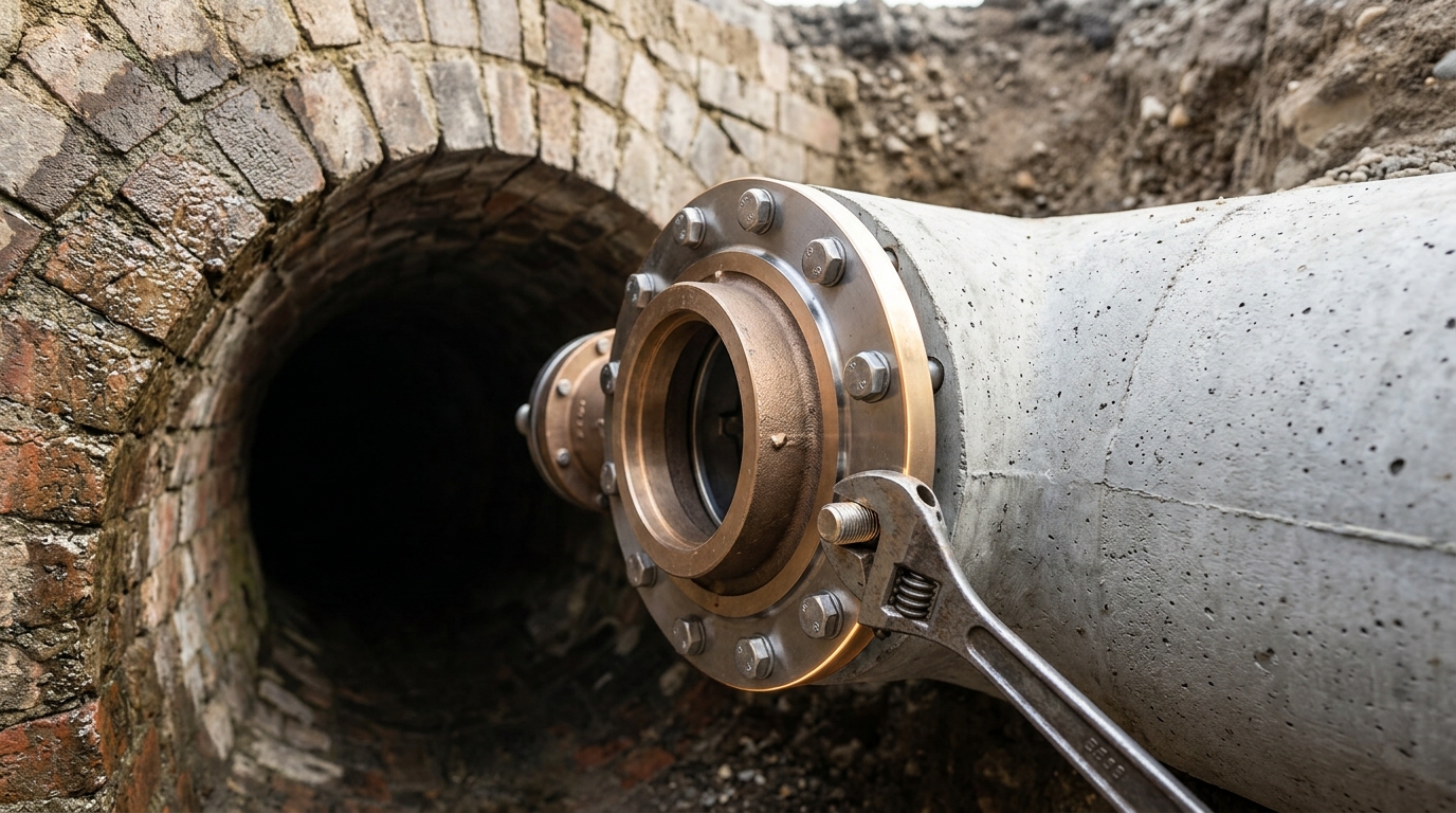A new bronze backflow valve being bolted into the brick mouth of an old culvert where it meets a modern concrete storm drain, half its flange bolts torqued down and one still loose