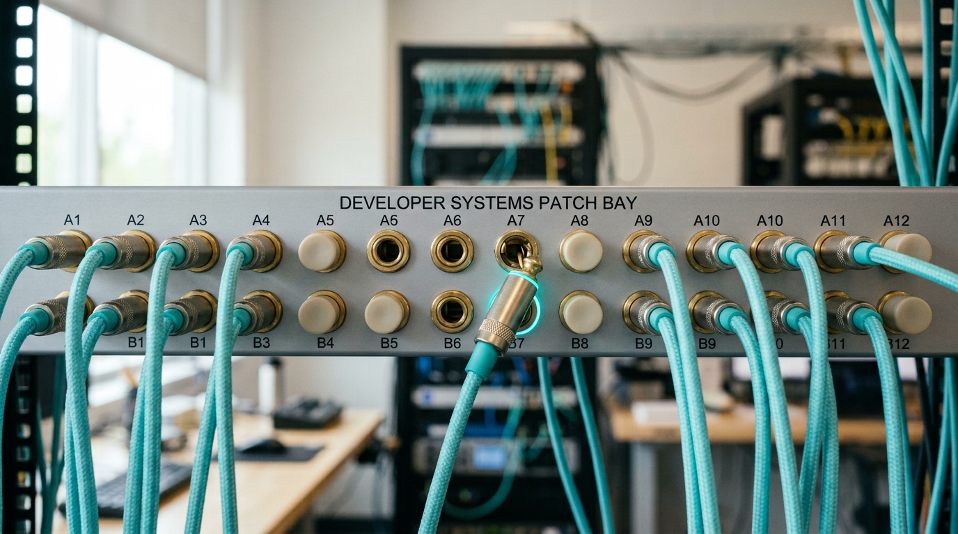 An external patch bay of brass jacks wired to outside tools, one aqua patch cord caught half-seated in its jack with its plug collar not yet clicked home