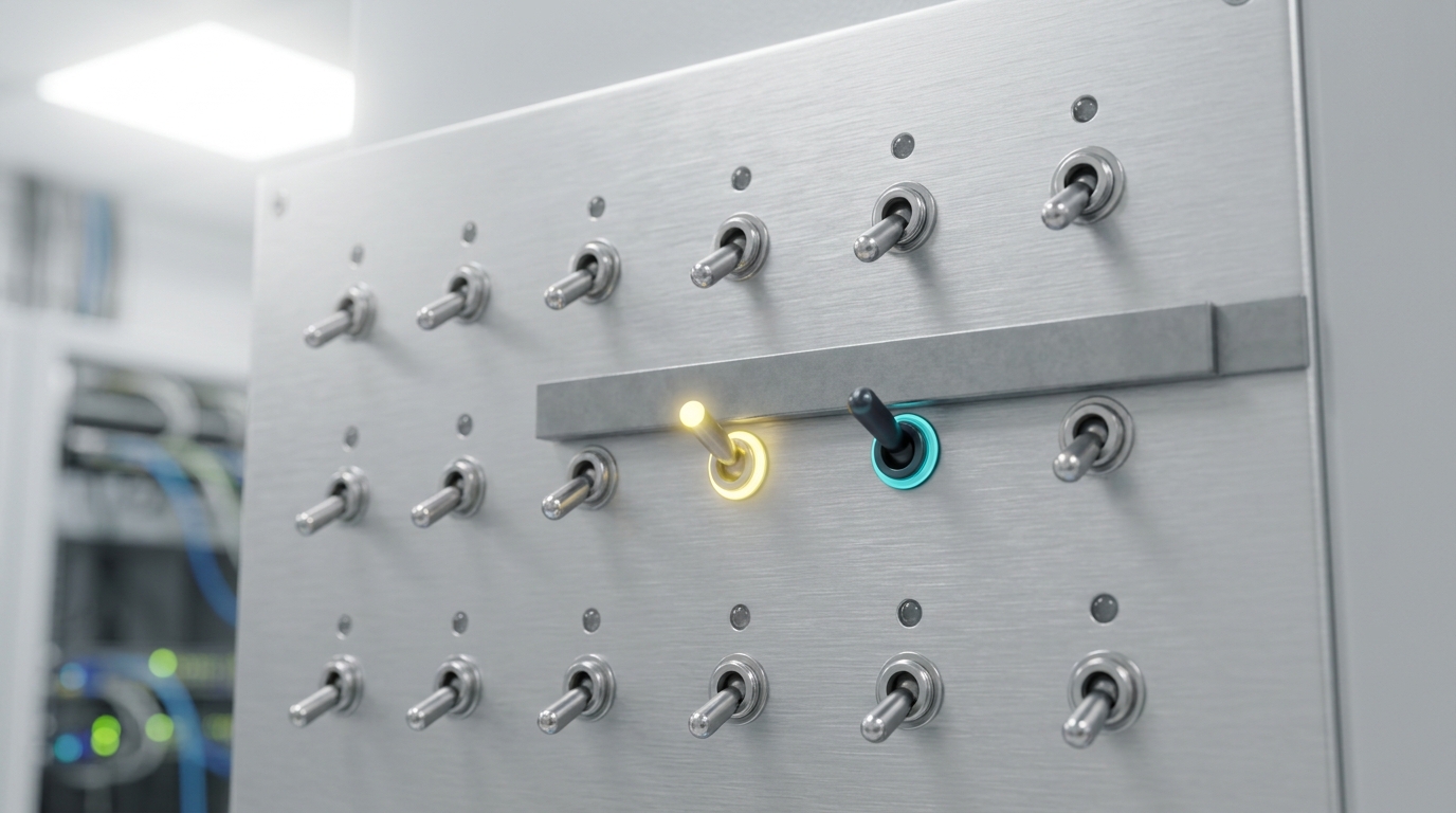 A close view of a permission-gate panel's interlock mechanism, one lever's travel arrested by a sliding deny-pin bar before it can reach its allow detent