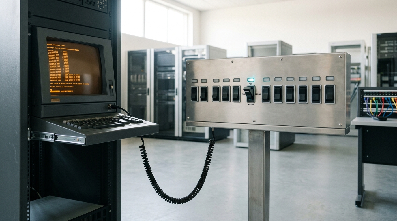 A rack-mounted terminal execution console with its session cable running to a permission-gate panel, one illuminated rocker lever caught mid-throw between its ask and allow positions