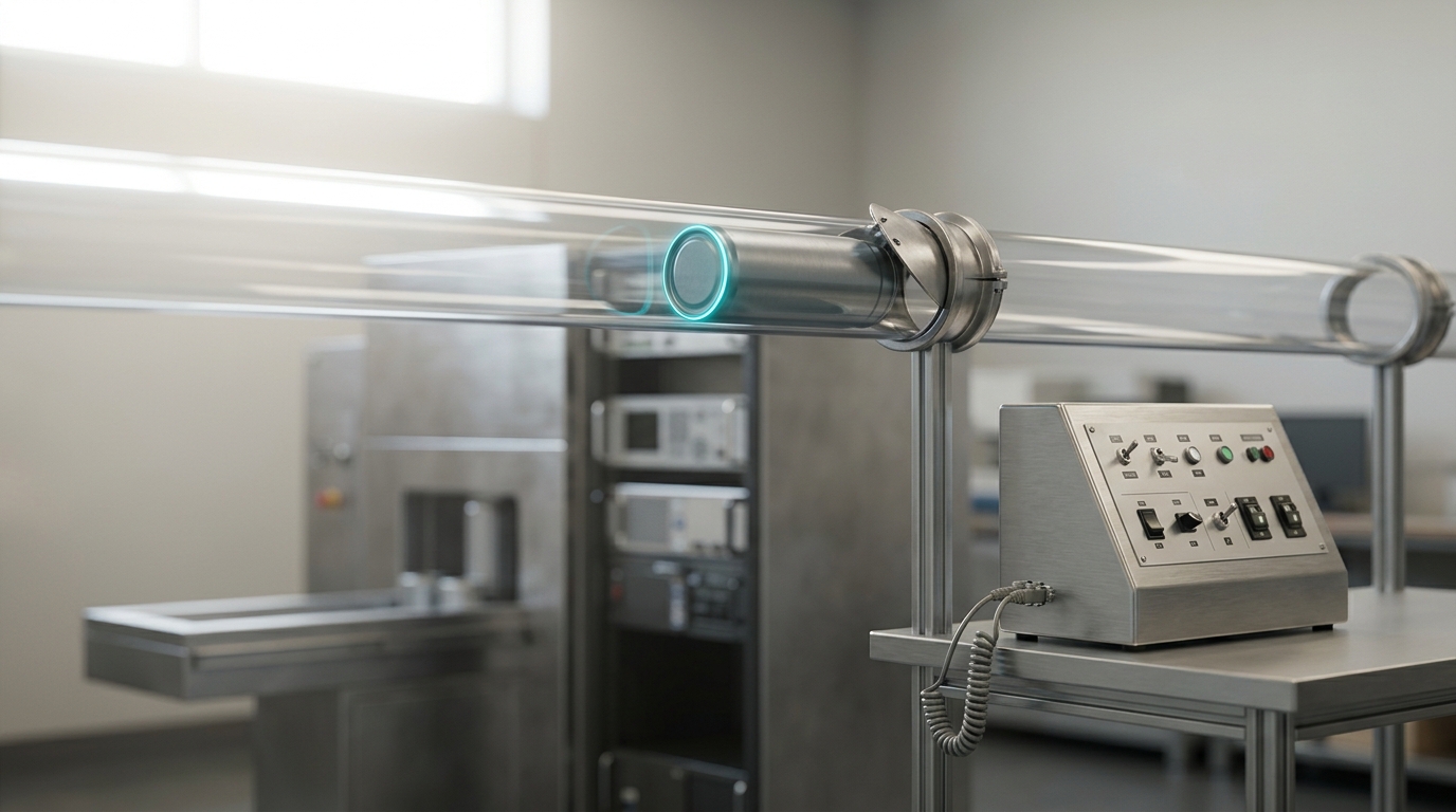 A pneumatic transfer tube linking a small annex console to the main terminal rig, one sealed canister caught mid-transit just clear of the annex's send port