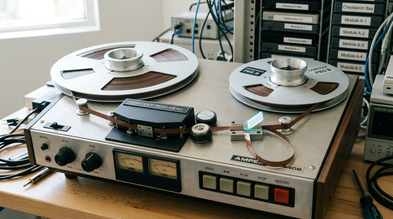 A reel-to-reel context-tape recorder with the feed reel nearly empty and a slack loop of tape being drawn onto a smaller condensing take-up spool mid-splice
