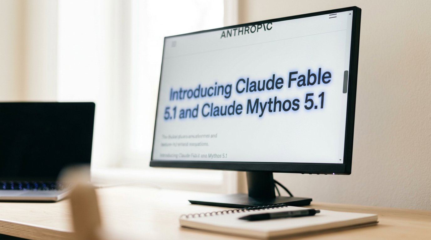 A second display on the reviewer's desk showing the Anthropic announcement page mid-scroll, the headline about Claude Fable 5.1 and Claude Mythos 5.1 caught just as it slides toward the top edge of the screen