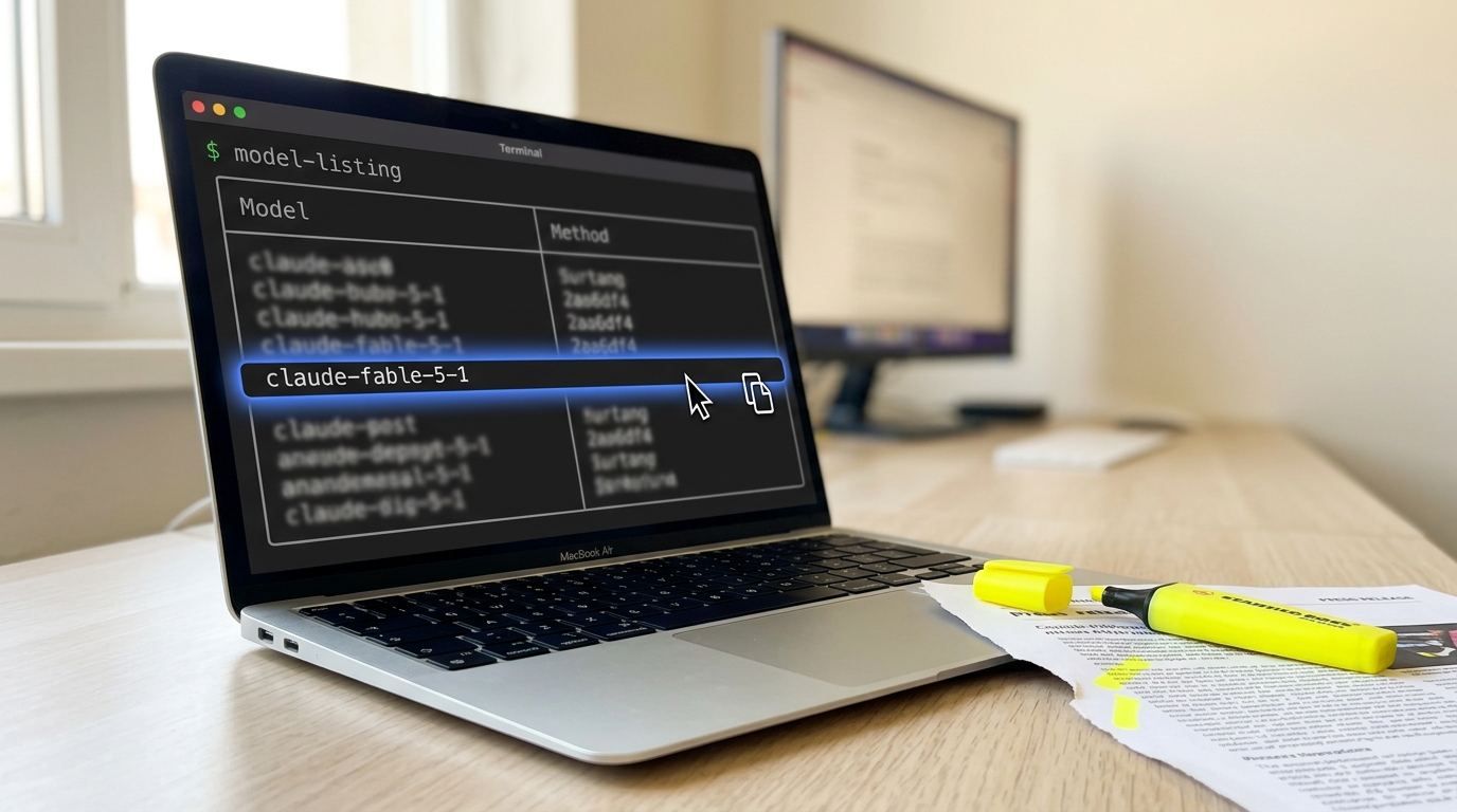 A terminal window on the reviewer's desk showing the Claude API model list with claude-fable-5-1 highlighted, a small copy-icon cursor caught mid-click beside it