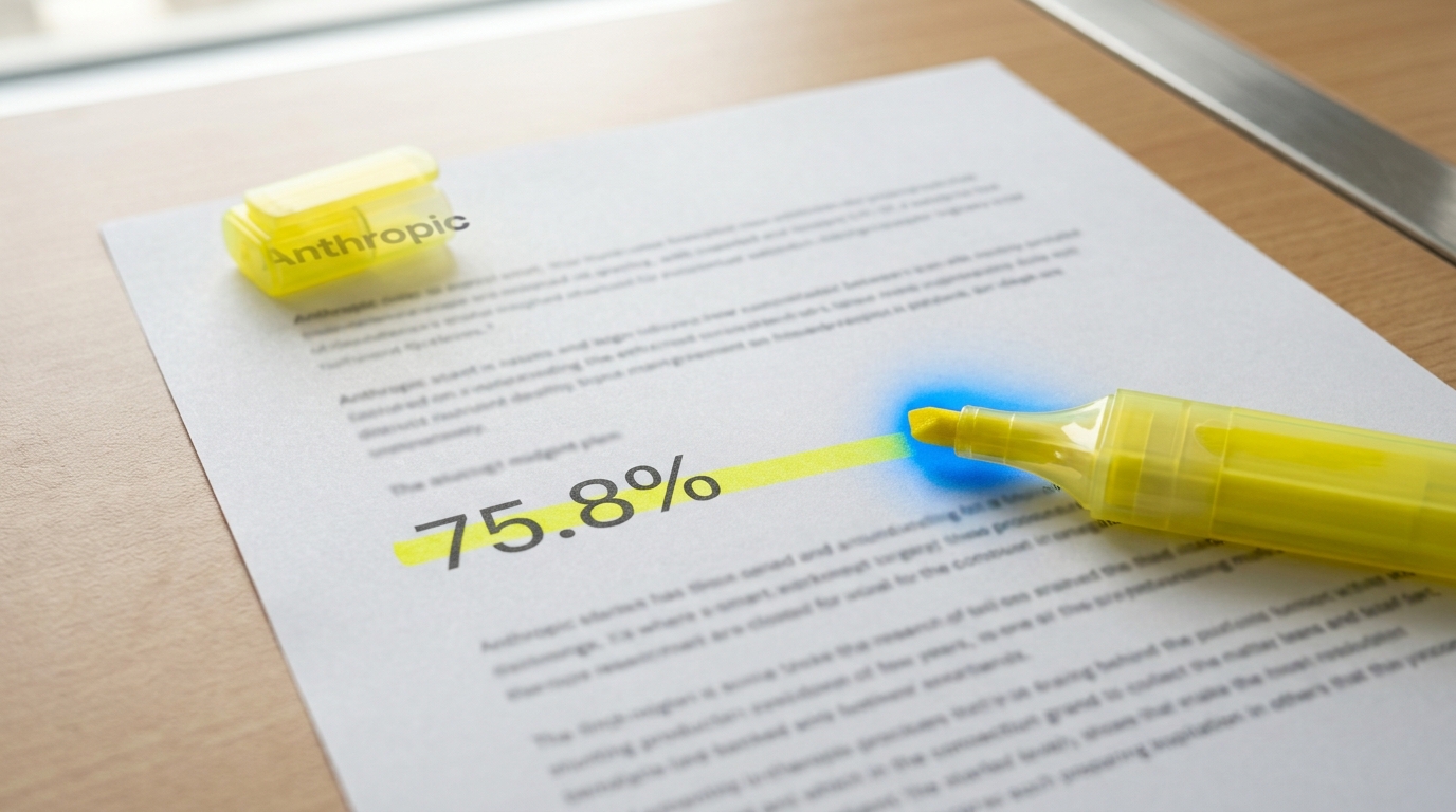 A printed press page on the desk with a benchmark figure caught mid-highlight, the Anthropic wordmark visible at the top of the sheet, partly covered by the highlighter's cap