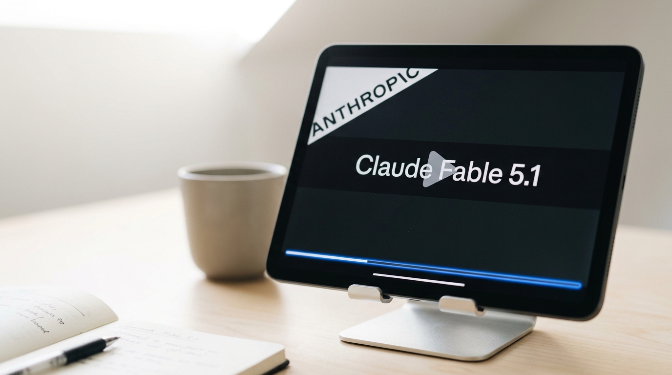 A tablet propped on a stand on the desk, a paused keynote livestream frozen on a slide reading Claude Fable 5.1 beside the Anthropic wordmark, the progress bar caught mid-buffer