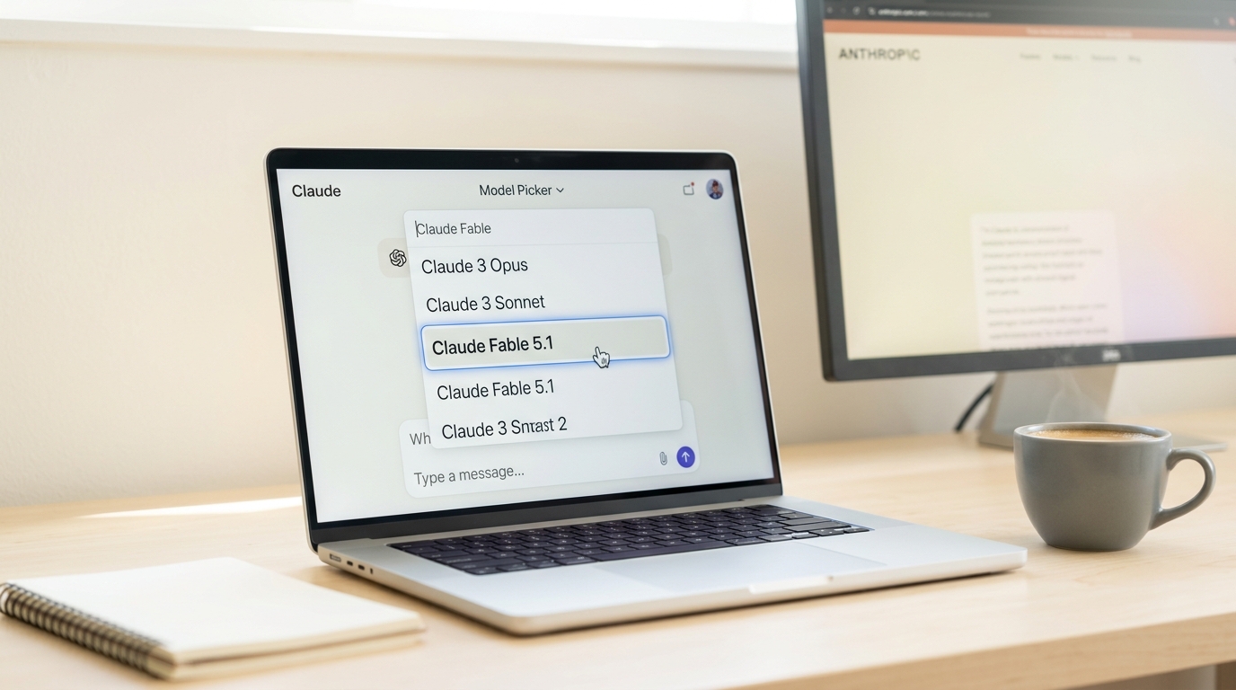 A reviewer's laptop on a launch-morning desk showing the Claude model picker with Claude Fable 5.1 in the list, a cursor arrow paused just short of clicking it, a second monitor and a steaming coffee cup soft in the background