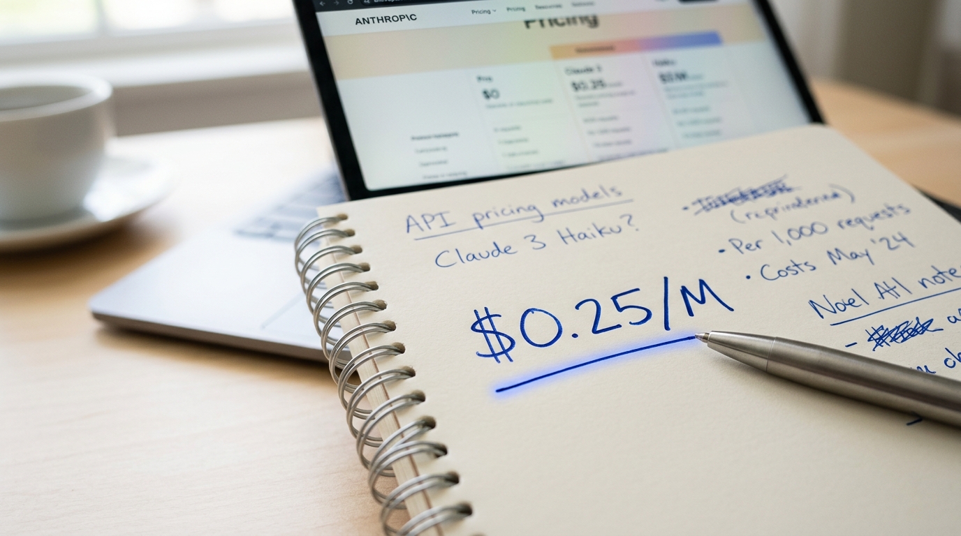 A reviewer's notepad on the desk with handwritten pricing figures, a pen caught mid-stroke underlining the cache-read price, a pricing page angled and glowing softly on a screen behind