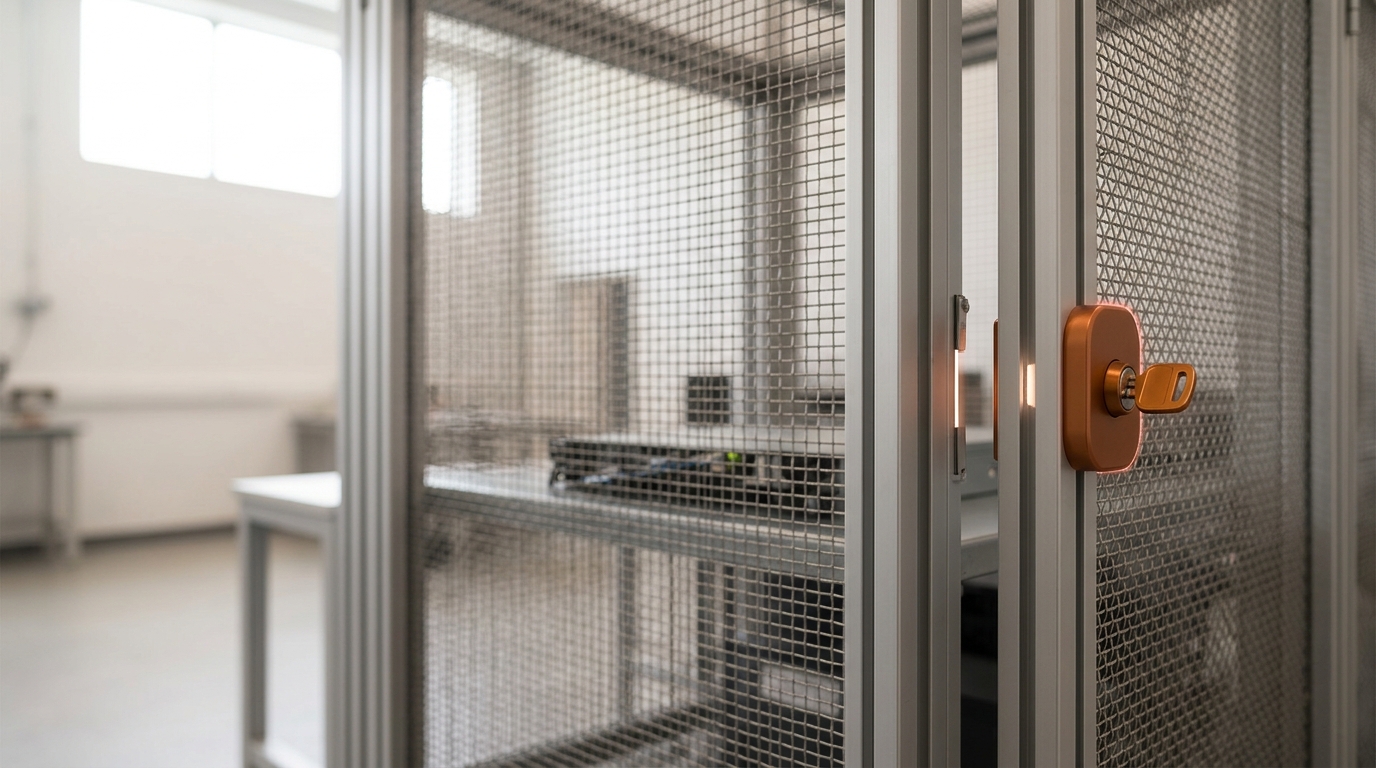 An isolated evaluation bench behind a mesh enclosure, its amber interlock key caught half-turned between locked and free, the enclosure door standing a few centimetres ajar