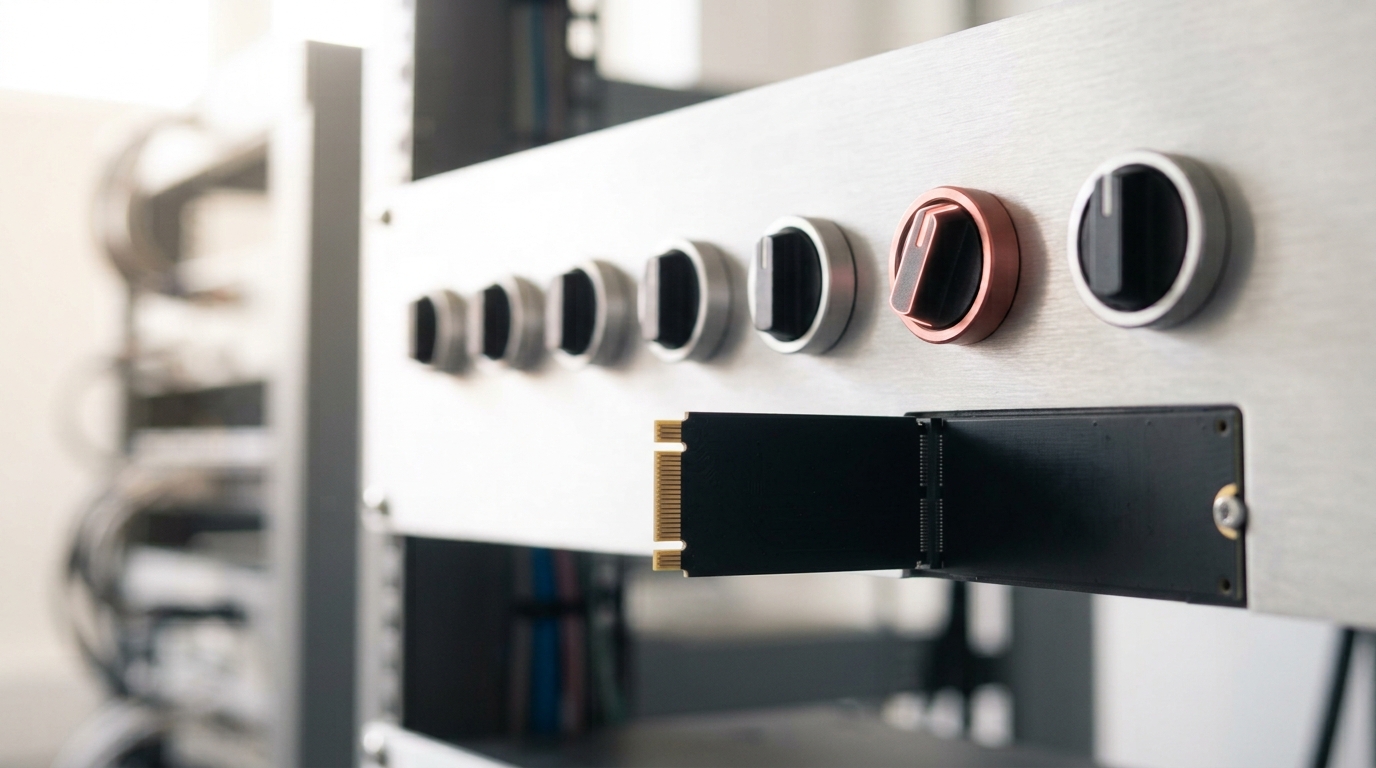 A serving-gateway panel with a rotary thinking-budget dial caught between two detents and, beside it, a system-prompt board only part-seated in its edge connector