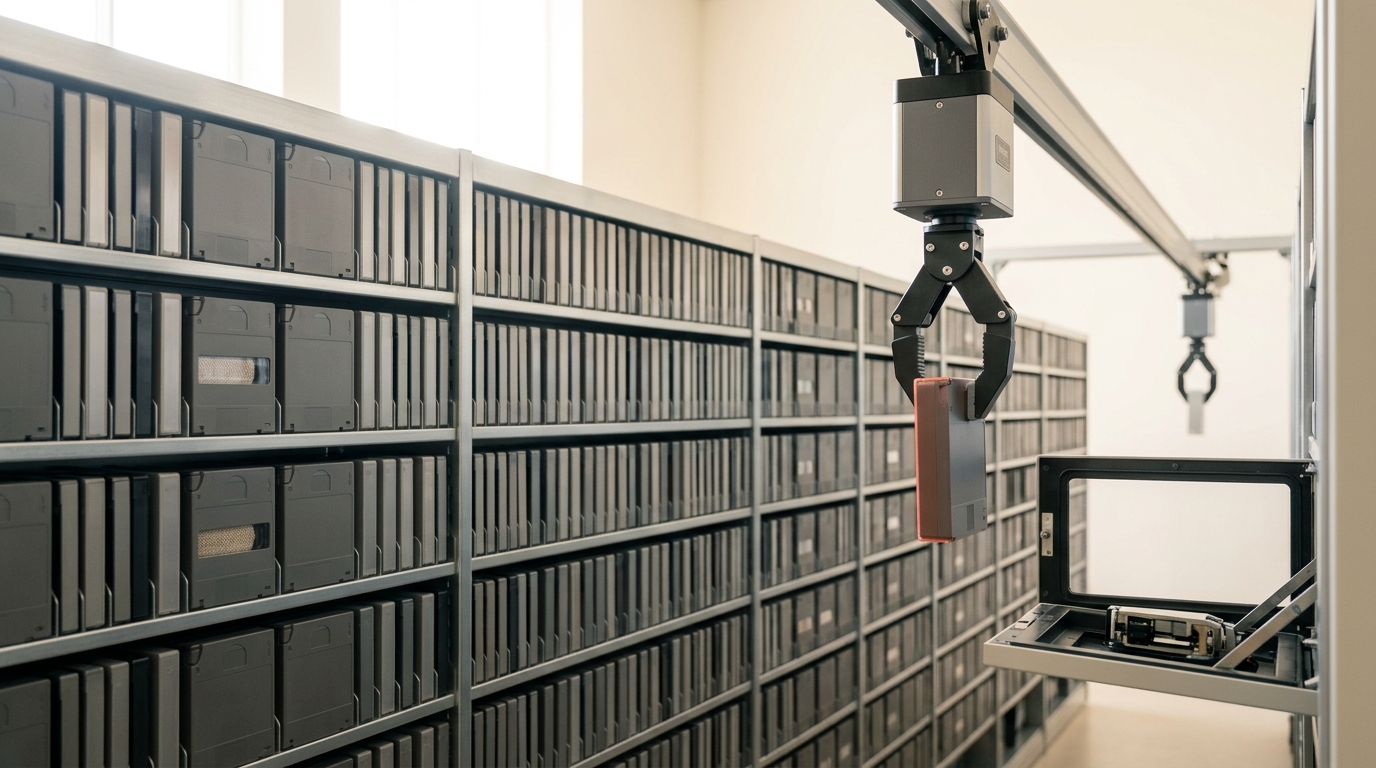 A robotic picker arm in a checkpoint tape vault caught mid-transfer, one cartridge lifted clear of its slot and not yet seated in the drive's read head, rows of cartridge cases receding beyond it
