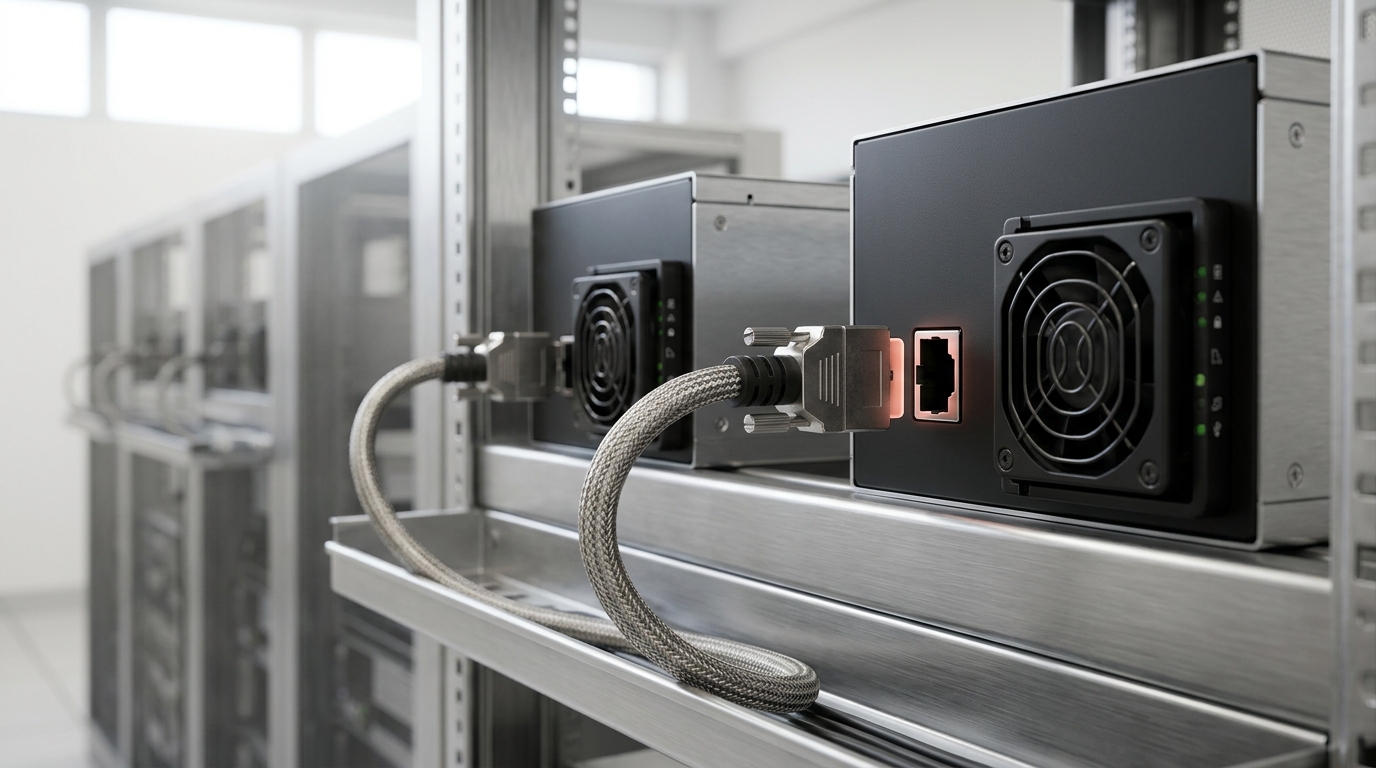 Two identical GPU chassis wired in a closed interconnect loop, the loop's far connector caught just short of its socket on the second chassis while the near end is already seated