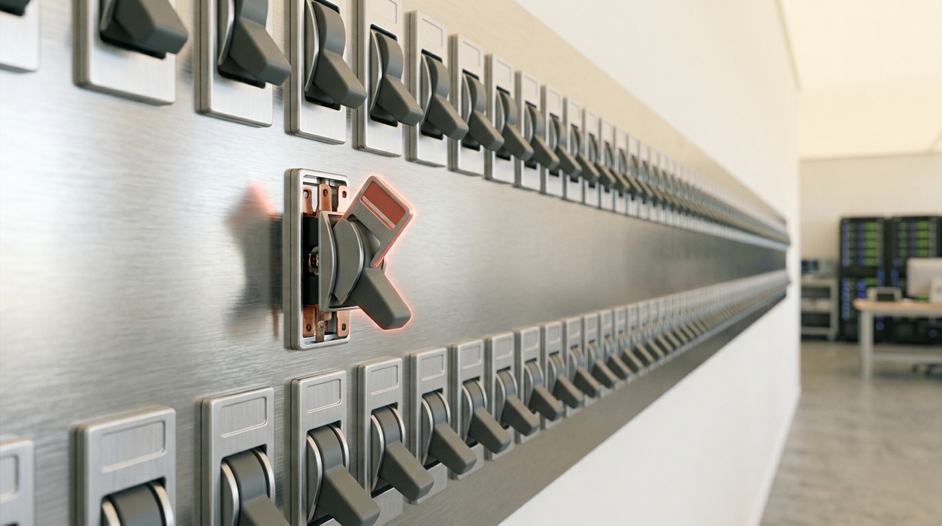 A wall panel of bistable selector relays in two ranked rows, most thrown fully to one side, one relay caught mid-throw between its detents with its indicator flag half-raised