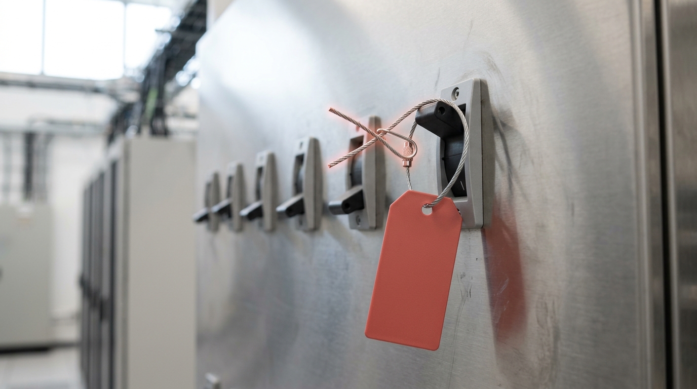 A row of breaker handles on a serving-gateway panel with a blank lockout tag hanging from a twisted-wire loop, the loop's two ends crossed but not yet twisted closed