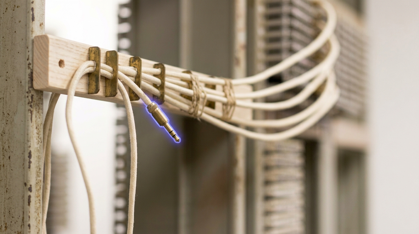 A single patch cord rising to a fanning strip where four possible runs diverge, its plug caught at the fan and committed to none of them