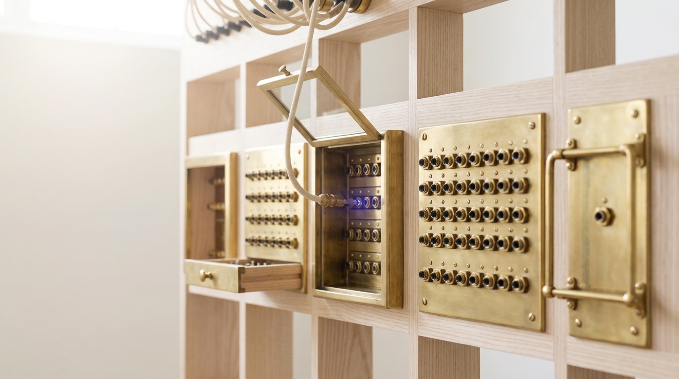 Five differently built brass jack fields side by side in a bright exchange room, with a patch cord's plug caught in mid-air just short of the third field