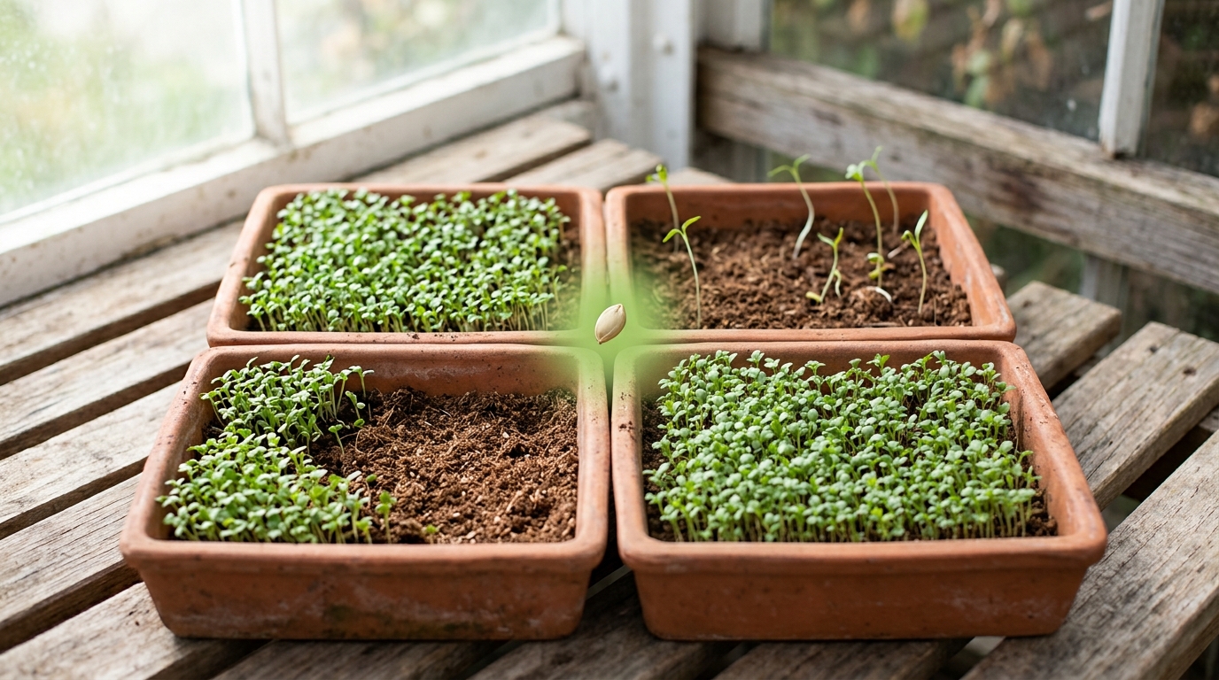 Four shallow terracotta seed pans in a two-by-two block on a glasshouse bench, each germinated differently, with a single seed caught in mid-air above where all four corners meet