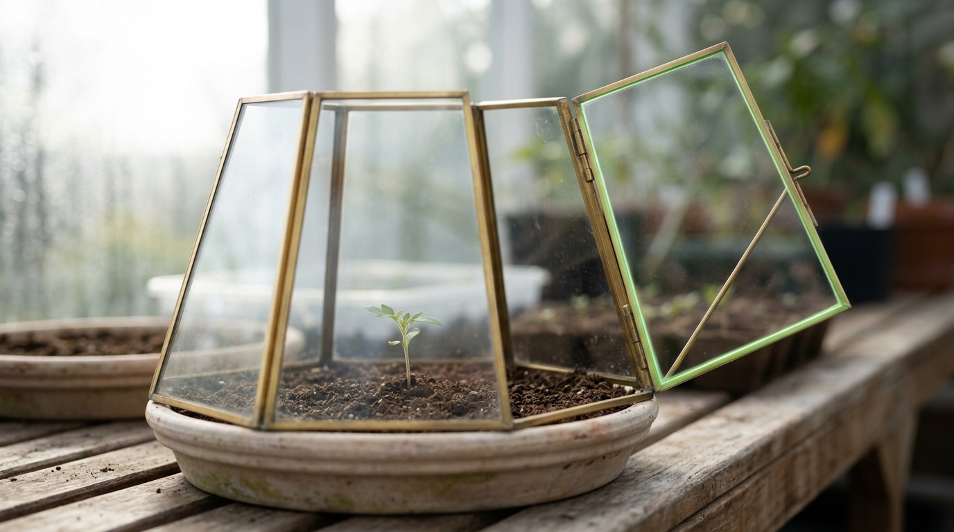 A single seedling in a terracotta pan being enclosed by the six glass panes of a small cloche folding up on brass hinges, with the last pane still hinged outward
