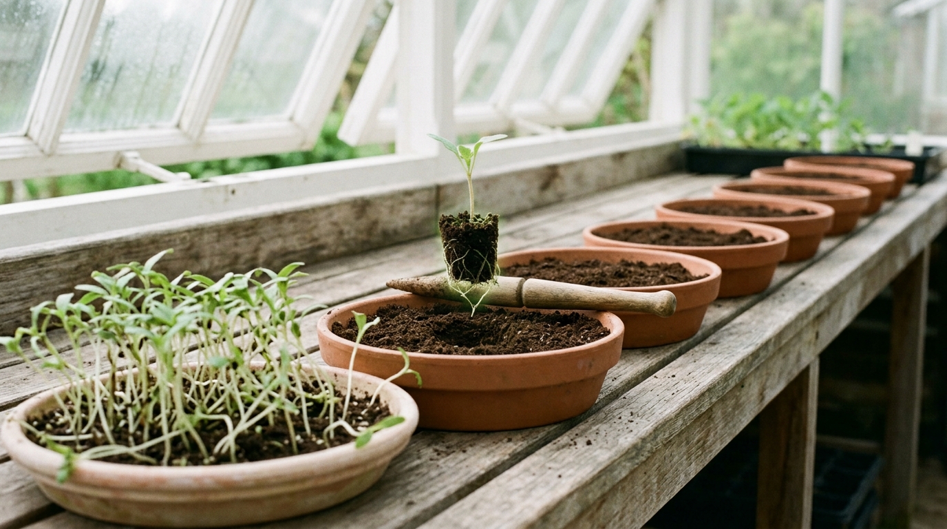 One seed pan crowded with over-dense seedlings beside a long receding row of empty terracotta pans on a glasshouse bench, a single seedling just set into the first empty pan with its roots still uncovered