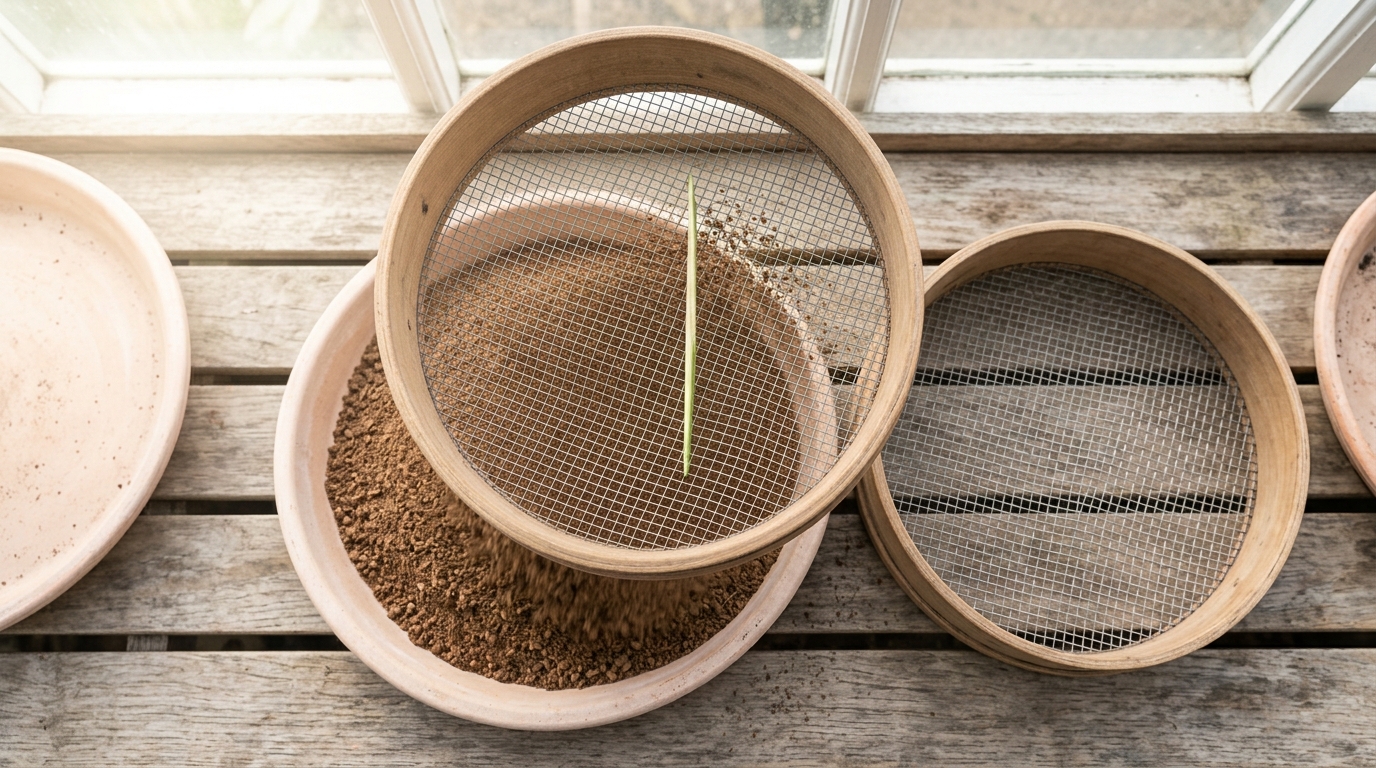 A wooden riddle of identical mesh tilted over a seed pan with already-sieved compost falling straight through it and nothing held back, a thin flat splinter caught slipping through the mesh edge-on