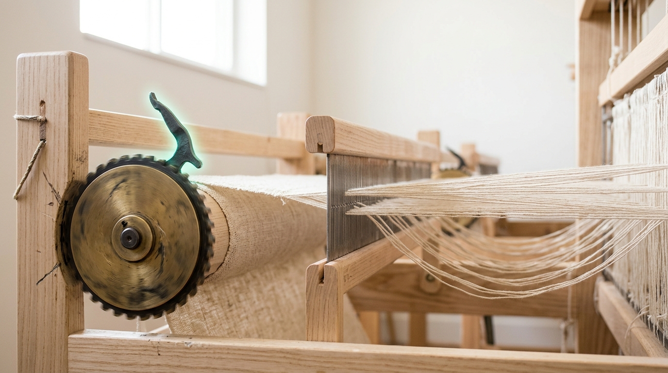 A pale ash cloth beam with its worn brass ratchet pawl caught lifted just clear of a tooth, the beam beginning to turn and the woven fell sliding back from the reed as the warp threads slacken