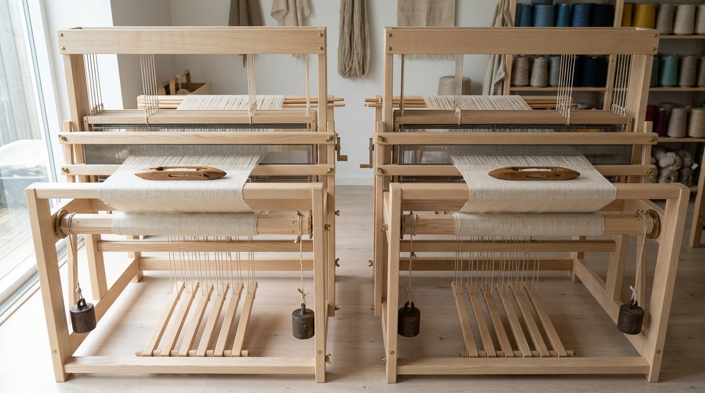 Two identical pale ash floor looms side by side with the same linen warp, one heddle shaft caught half raised on each at exactly the same height