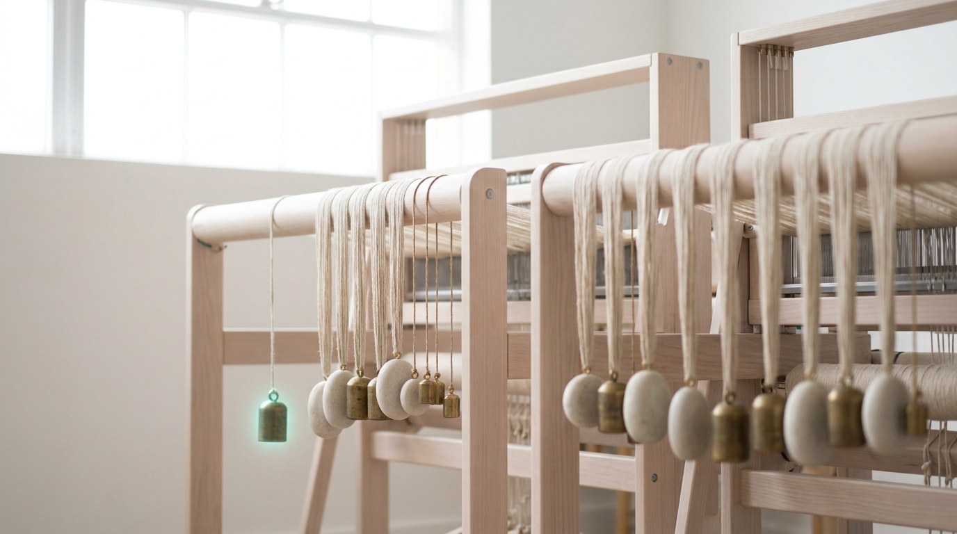 Hanging tension weights on the warp cords of both looms, with one further weight being lowered onto a cord and the beam it hangs from still settling
