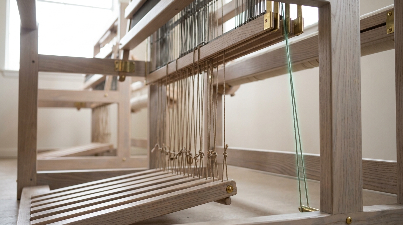 One waxed cord tied from a heddle shaft up over a bare frame rail and down outside the treadle tie-up, caught taut and lifting that shaft while every treadle below stands level and unpressed