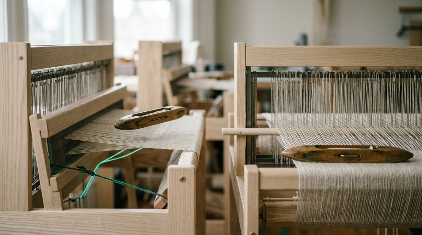 The same shed opened two different ways, held by a pressed treadle on the left loom and by a fixed lease rod on the right, with a shuttle caught halfway through the left shed