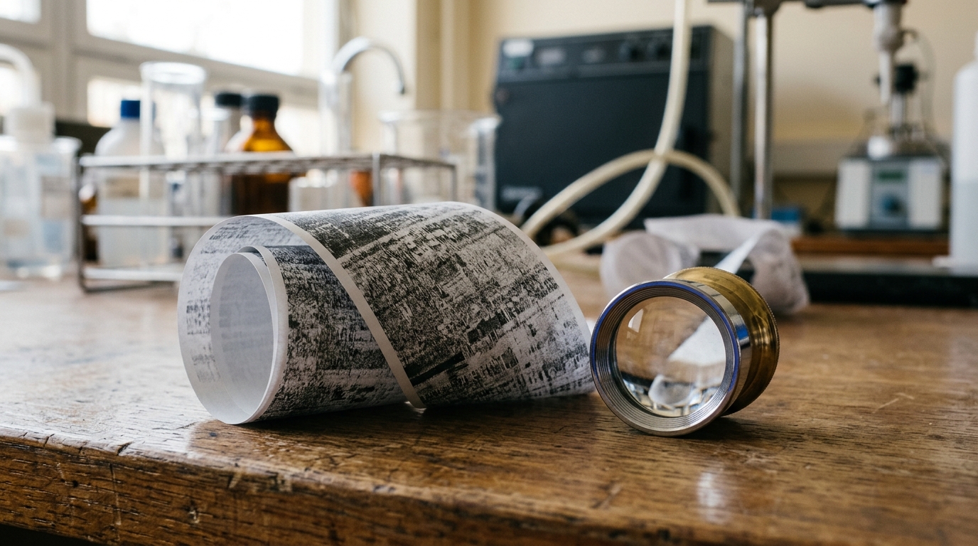 A curling strip of printed attention-weight output beside a loupe on a lab bench, no one present