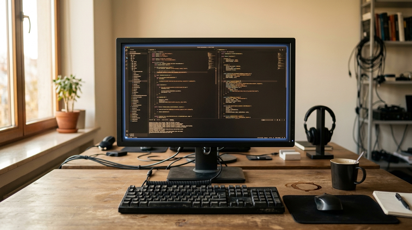 A second terminal on an empty desk open to a training script paused mid-edit, no one present